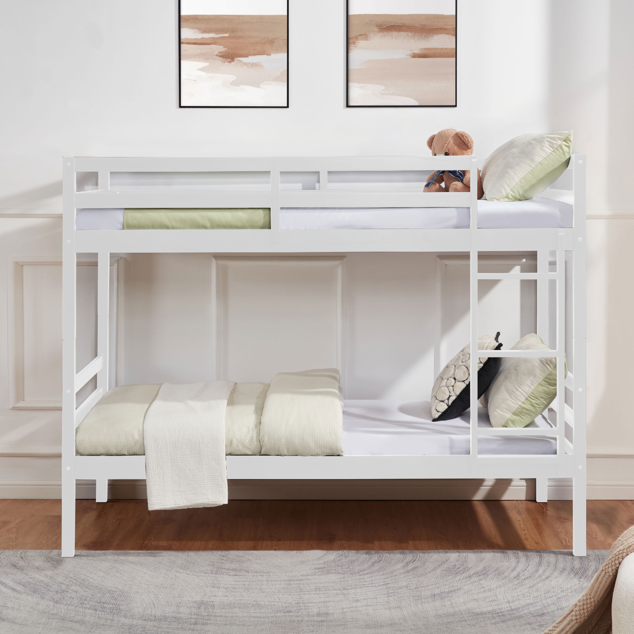 Twin over Twin Bunk Bed with Ladder,Wooden Bunk Bed with High Guardrail and Ladder for Kids, Teens, Dorm Rooms, and Guest Rooms,No Box Spring Needed,White